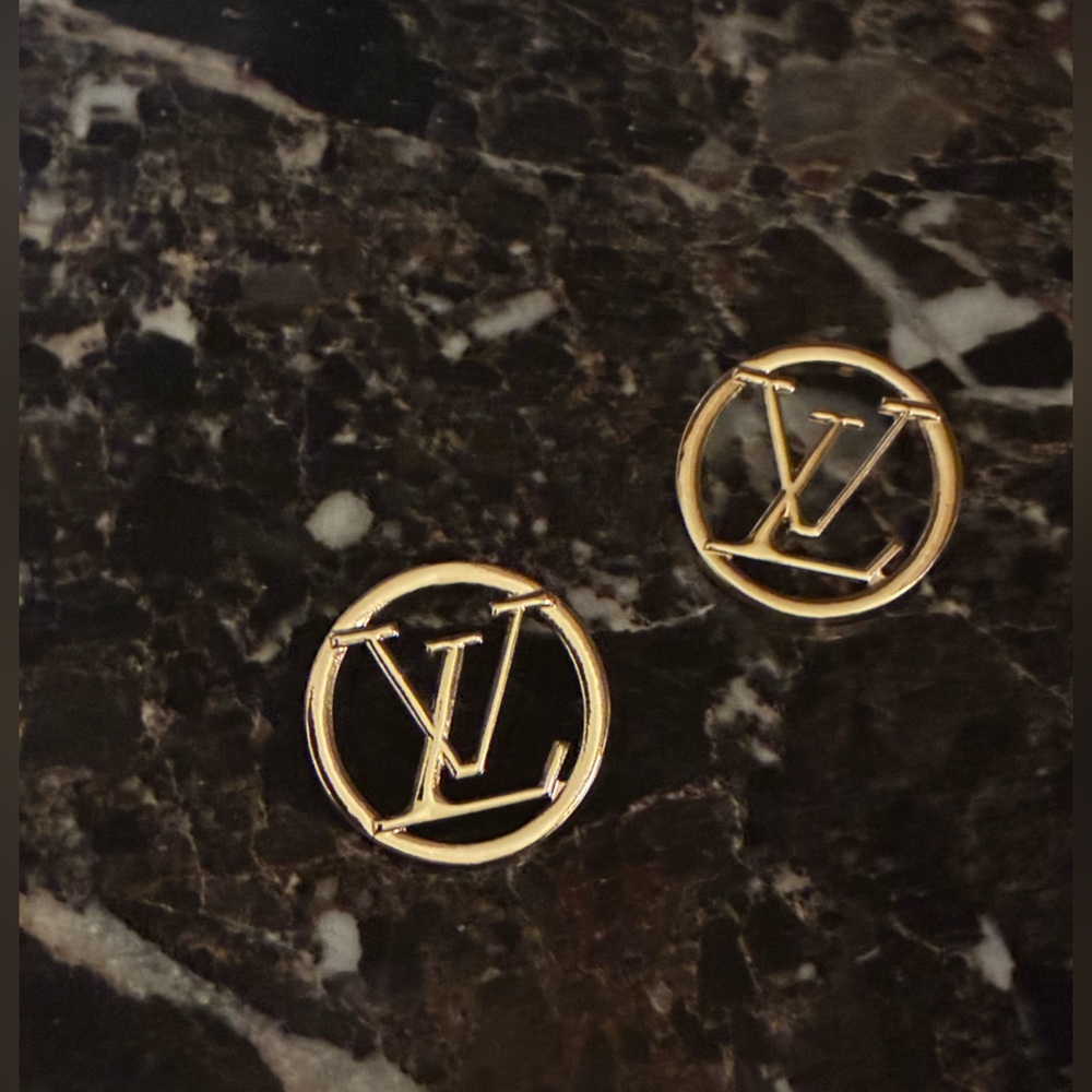 Gold Round LV Logo Stud Earrings